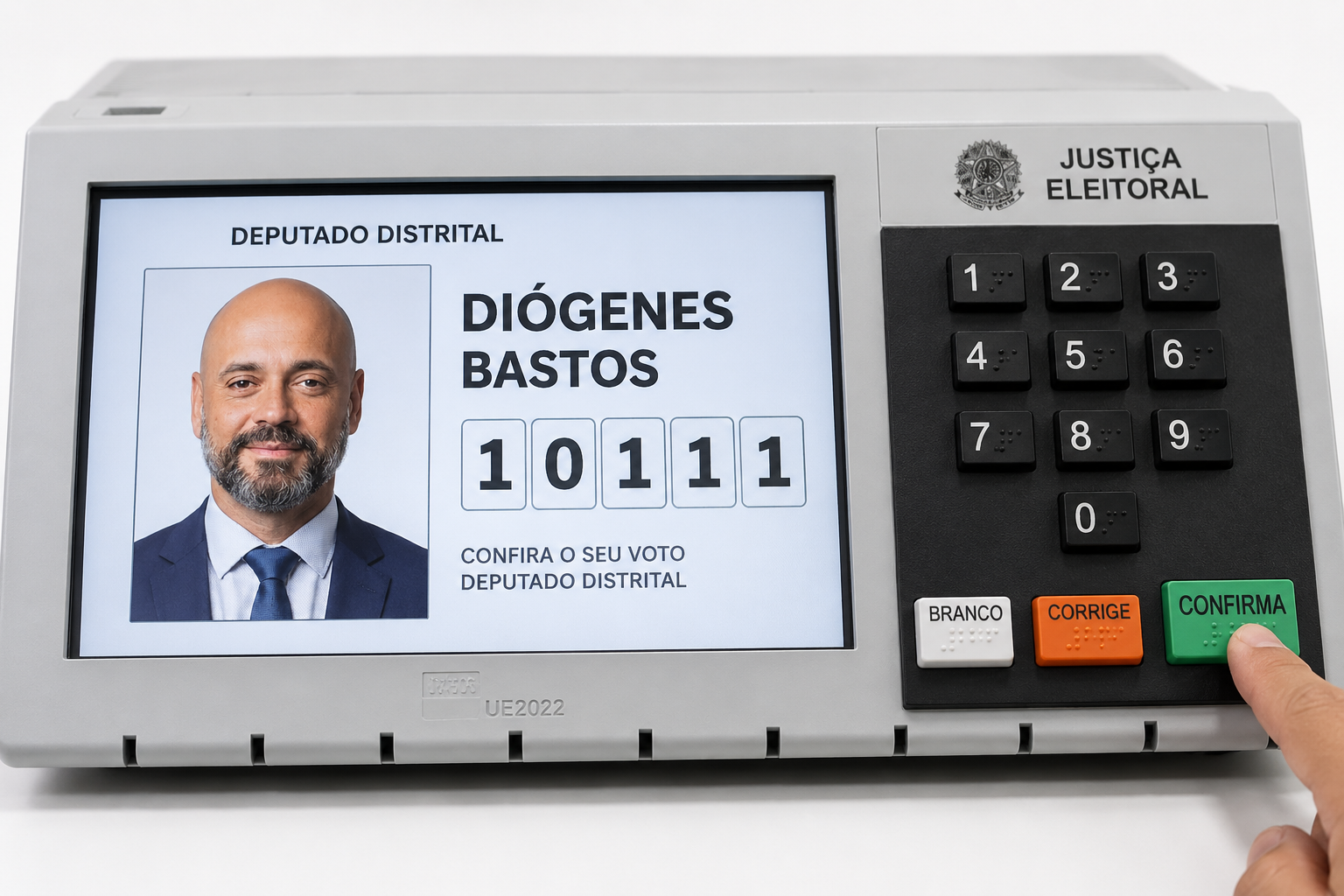 Urna eletrônica exibindo Diógenes Bastos, candidato a deputado distrital, número 10111